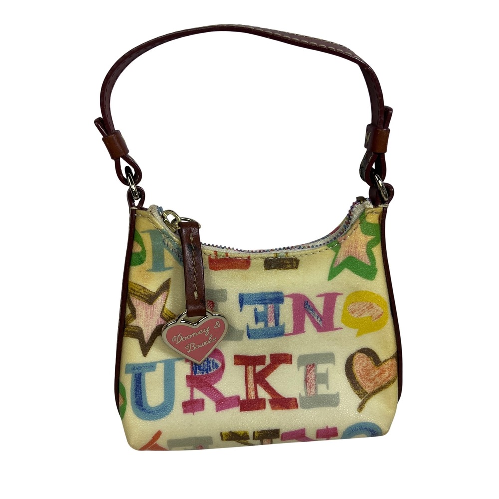 Dooney & Bourke Doodle Alphabet Mini Baguette Bag Cream Leather Trim Y2K